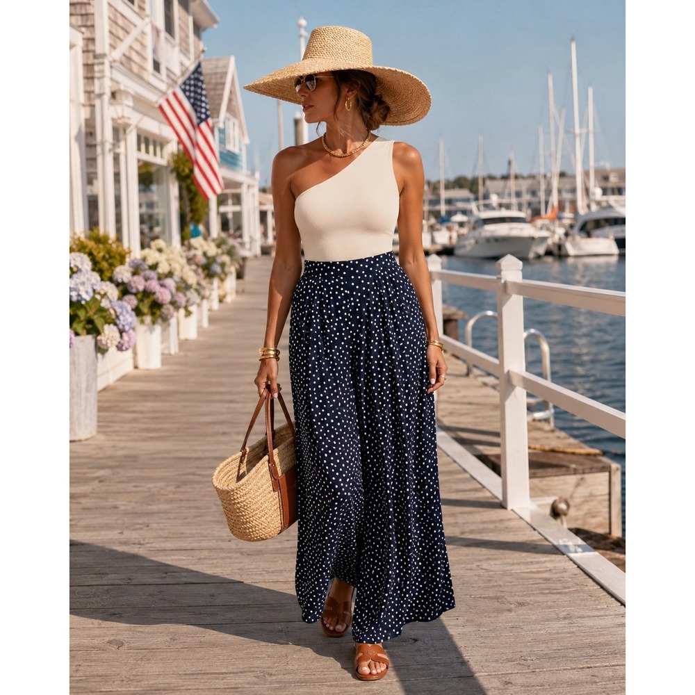 RD Style Navy Blue Polka Dot Wide Leg Pants High Waisted Culottes Womens Small
